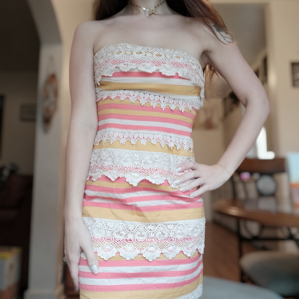 Minuet strapless Striped Lace Dress